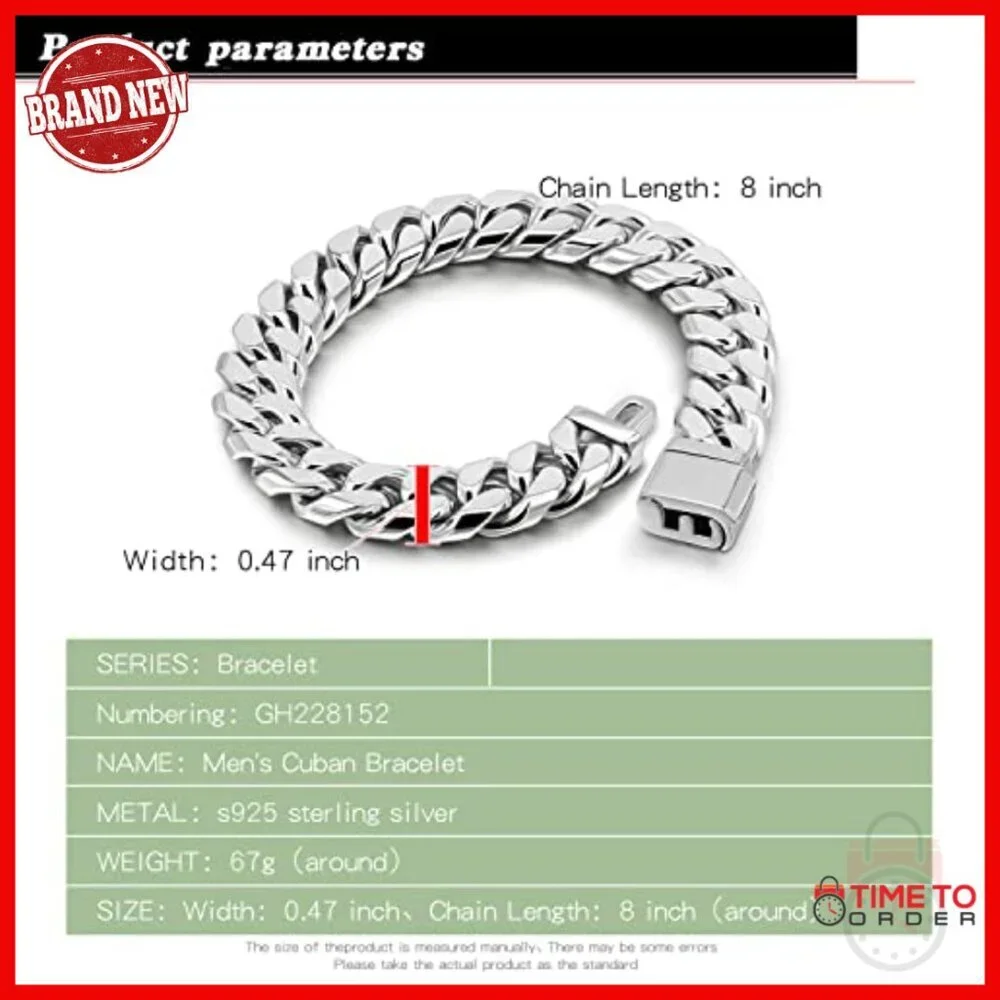 Men's 925 Sterling Silver Cuban Link Bracelet 12MM 9